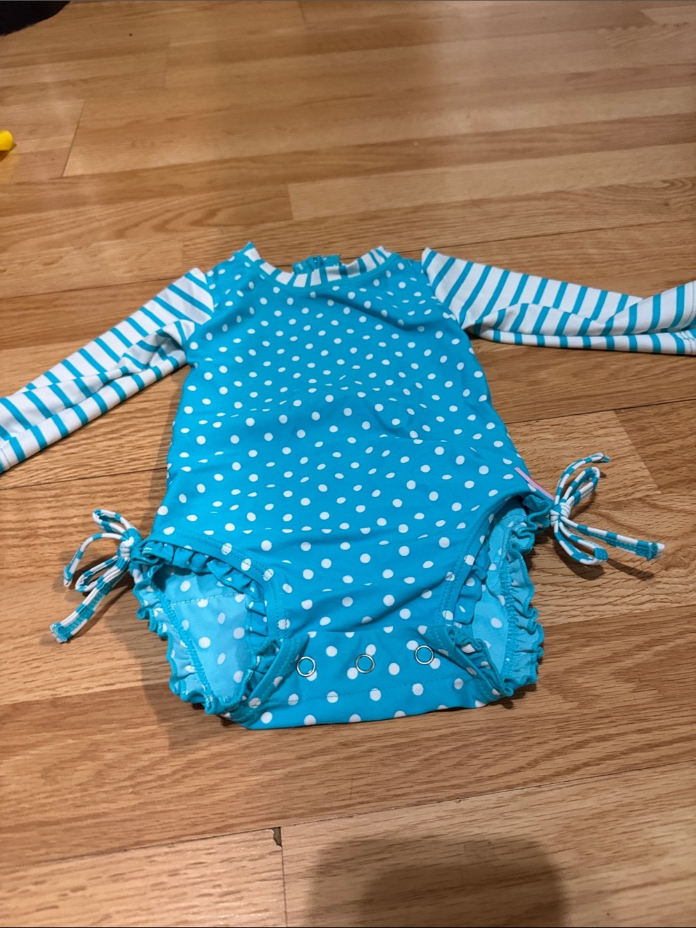 Ruffle Butts Turquoise & White Polka Dot Long-Sleeve One-Piece Swim